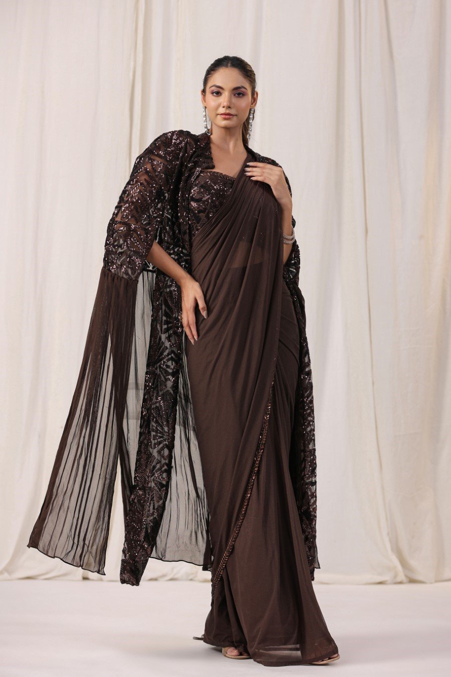 Smoky Brown Heavy Embellished Draped Saree with jacket