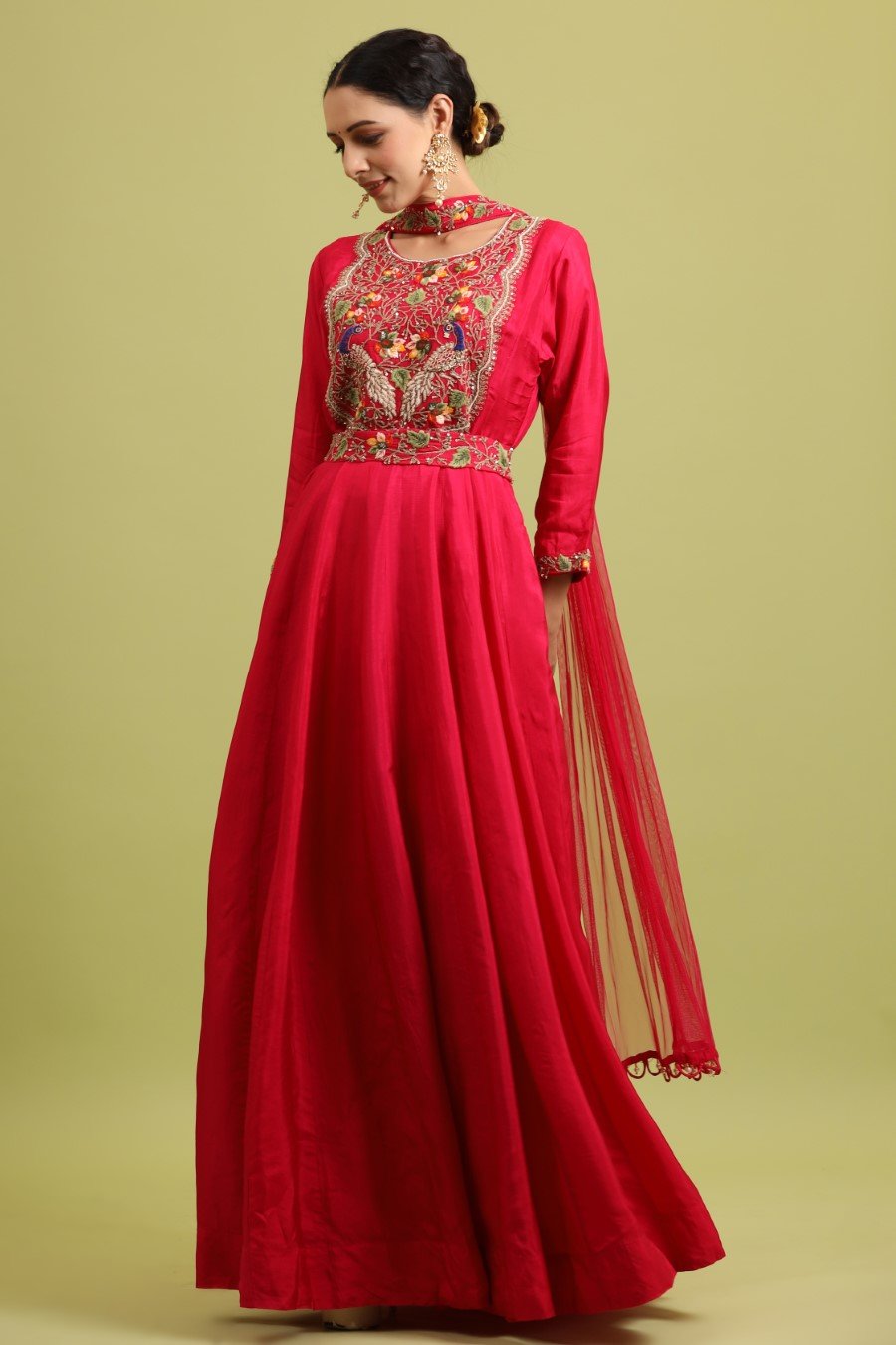 Cerise Pink Kashmiri Silk Embroidered Anarkali with Dupatta
