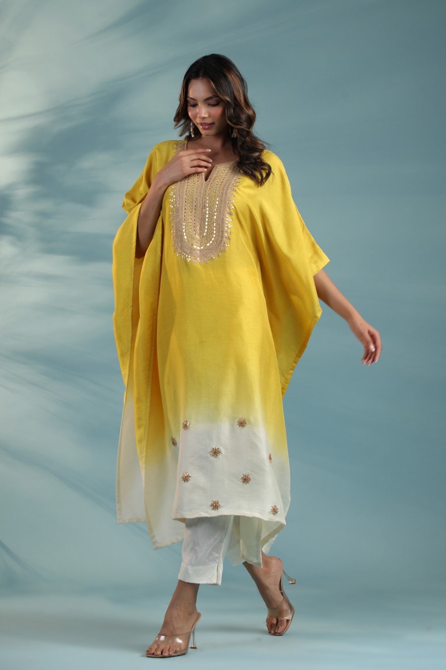 Yellow Ombre Embroidered Kaftan With Pants