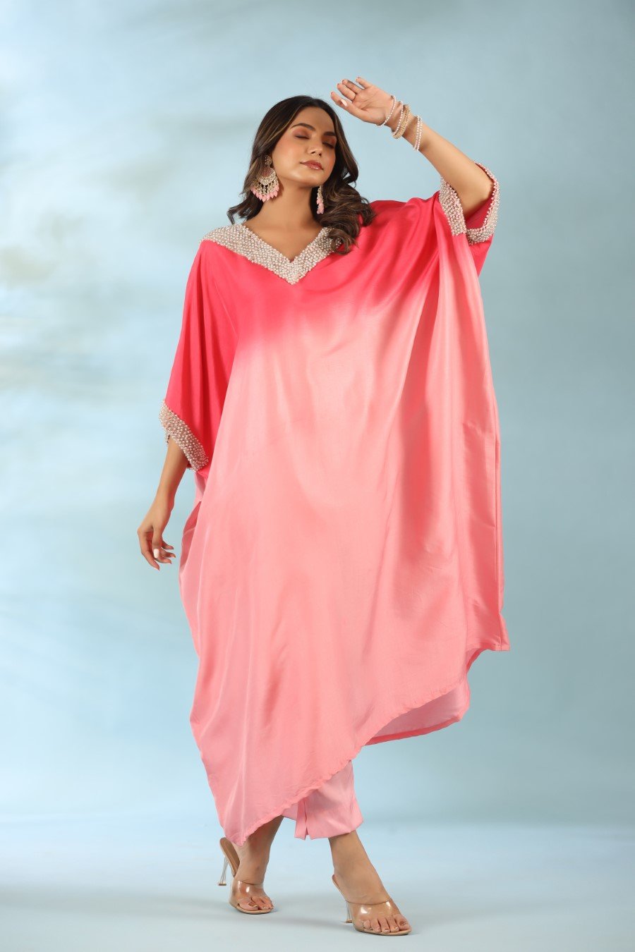 Pink Ombre Pearl Embroidered Kaftan With Pants