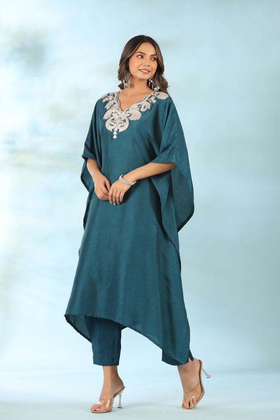 Teal Blue Embroidered Kaftan With Pants