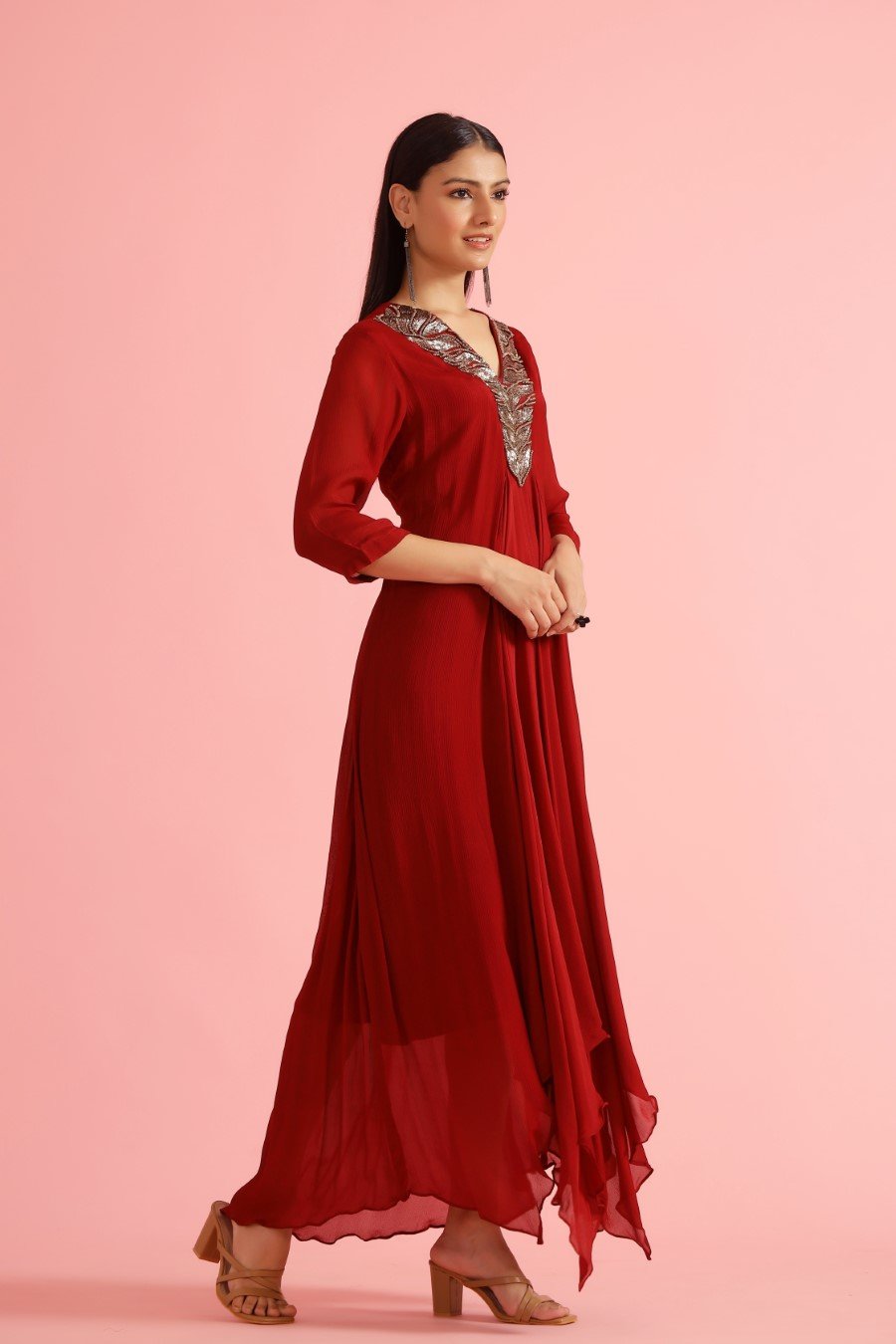 Scarlet Red Pure Chinon Asymmetrical Dress