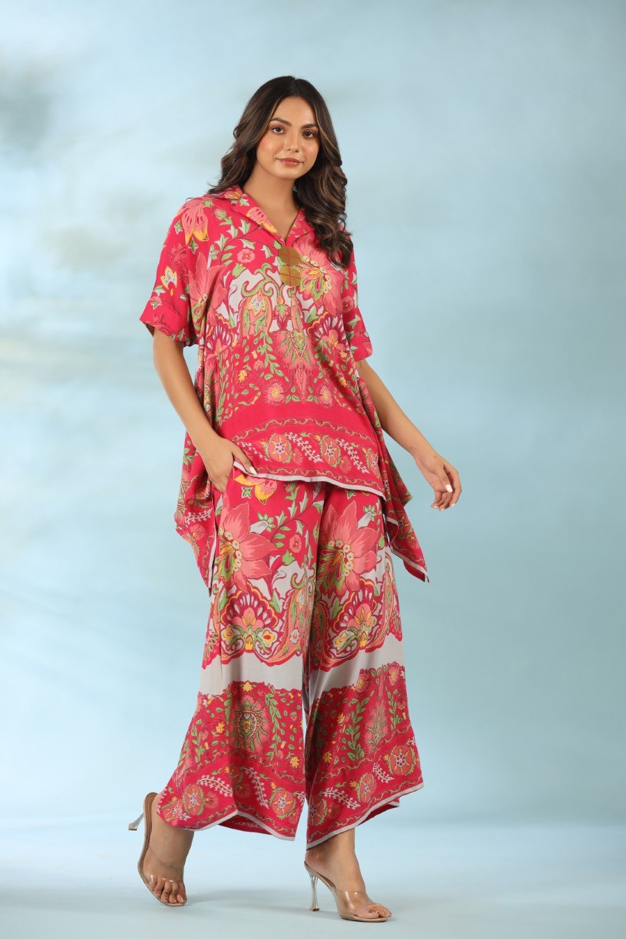 Cerise Pink Printed Asymmetrical Co-Ord Sets
