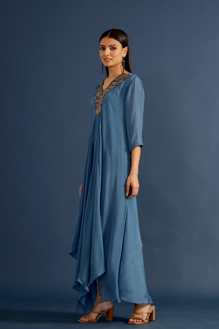 Steel Blue Pure Chinon Asymmetrical Dress