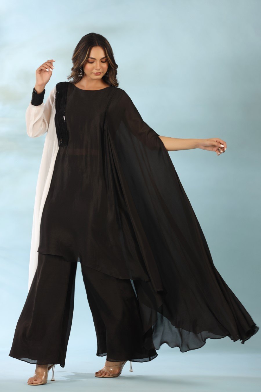 Black Sequin Sculpted Tunic with Palazzo