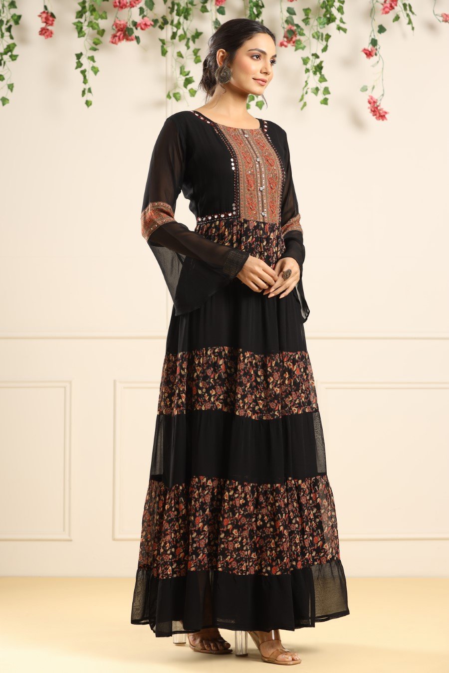 Black Printed Georgette Silk Tiered Dress