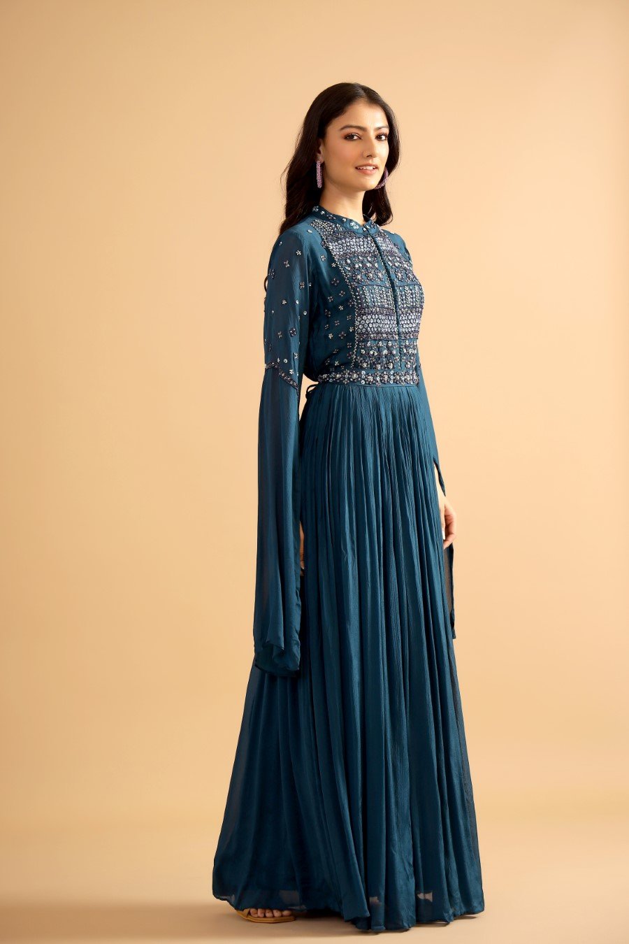 Teal Blue Hand Embroidered Gown