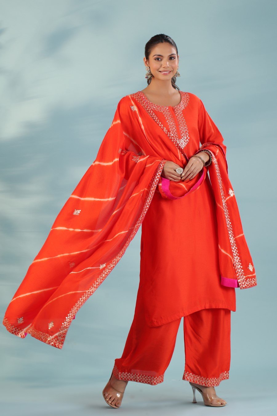 Orange Chanderi Silk Embroidered Kurta Palazzo Set