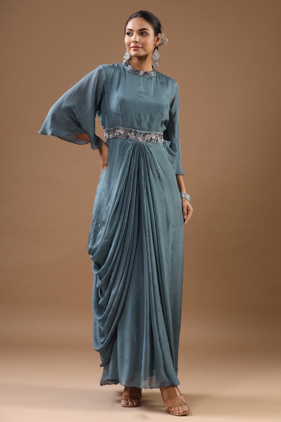 Steel Blue German Silk Embellished Gown