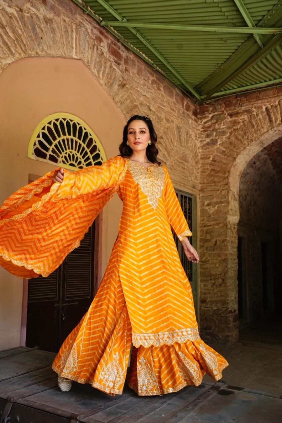 Amber Yellow Leheriya Embroidered Sharara Set