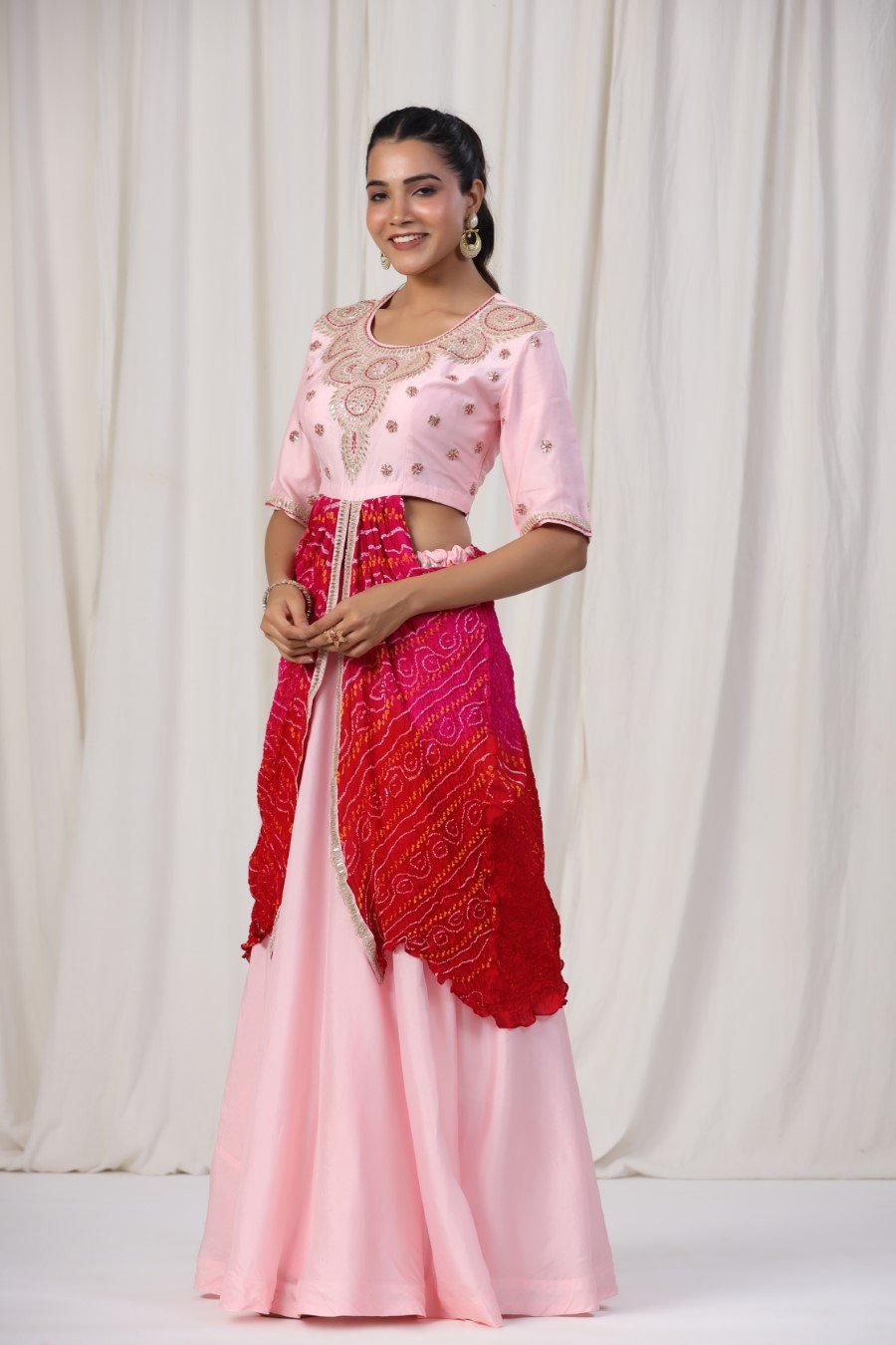 Pink Lotus Silk Embroidered Ethnic Draped Skirt Top