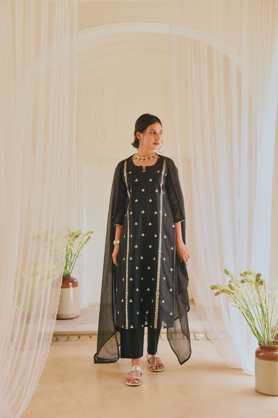 Black Gota-Patti Embroidered Chanderi Silk Kurta Sets