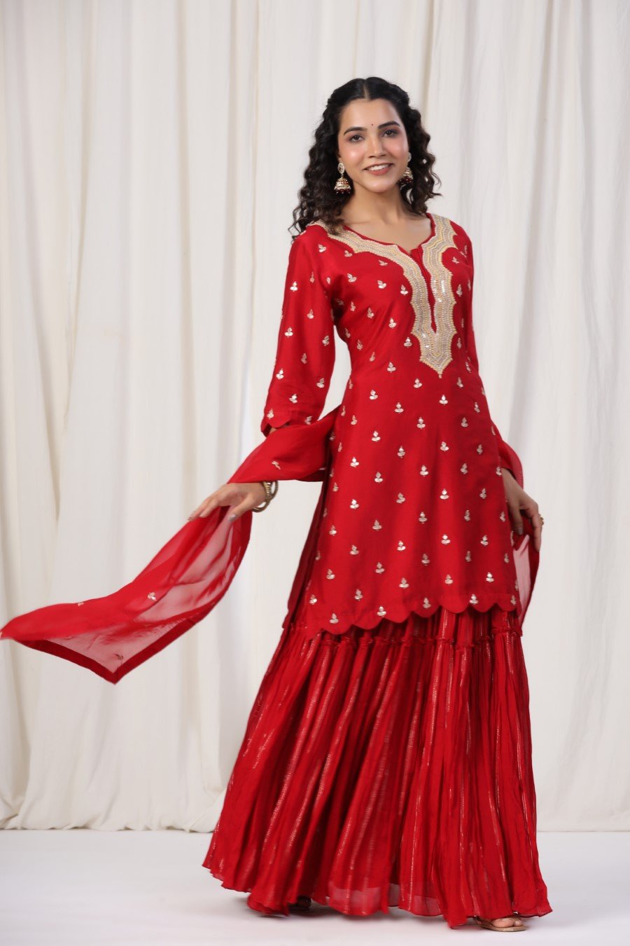 Scarlet Red Zari Embroidered Lotus Silk Sharara Set