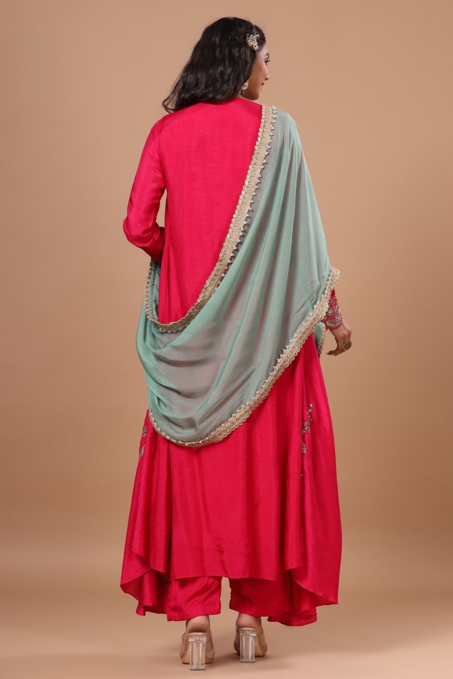 Festive Rani Pink Russian Silk Embellished Kurta Pant Set With Dupatta