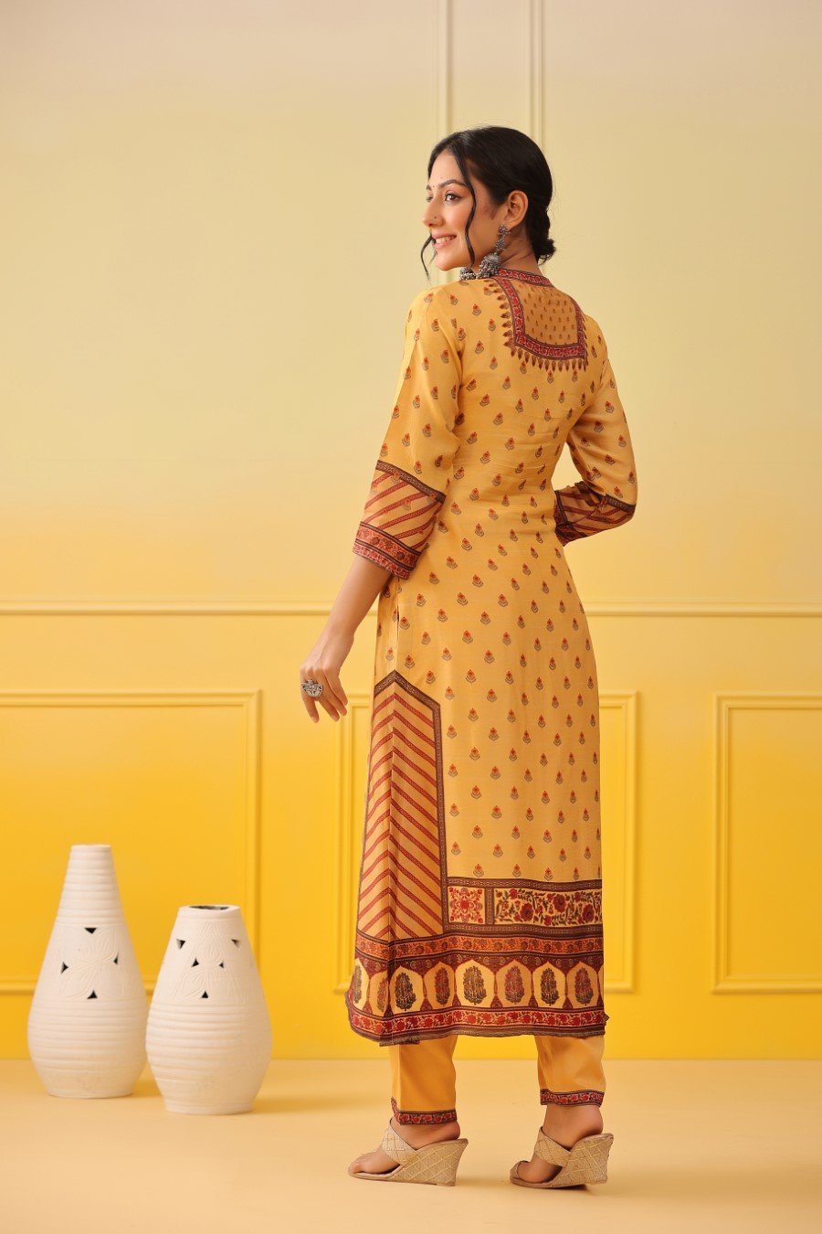 Yellow Ethnic Tussar Silk Kurta with Pant