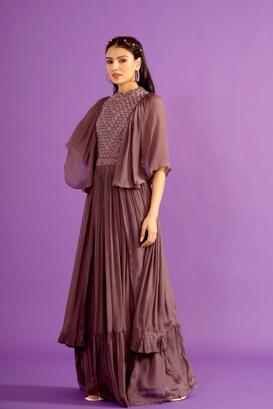 Dusky Purple Embellished Chinon Silk Gown