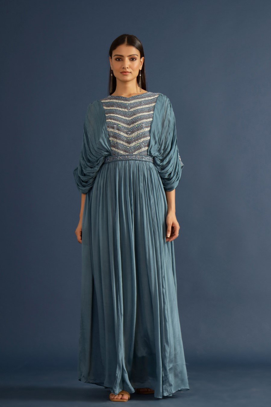 Dusky Blue Embellished Chinon Silk Gown with Belt