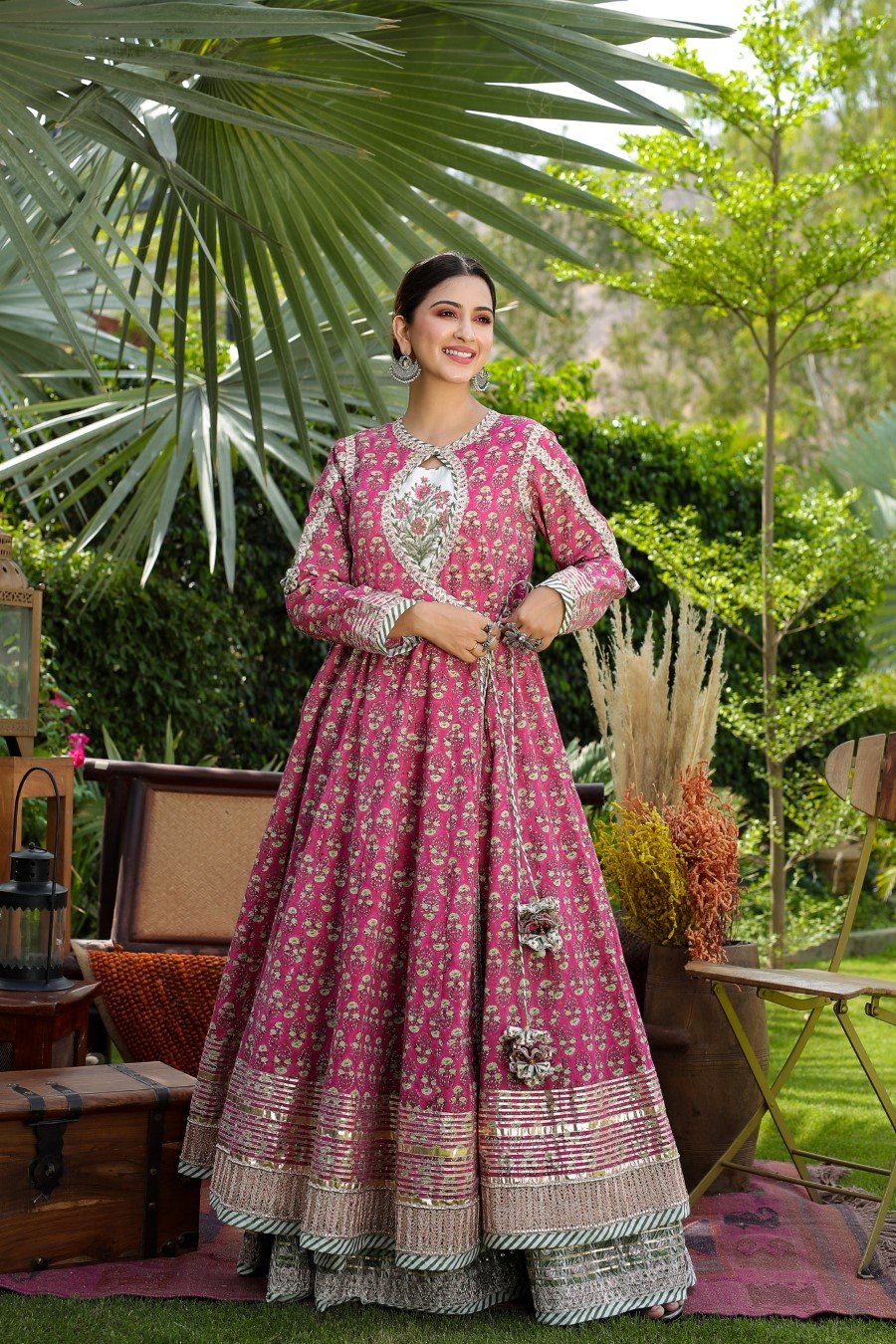 Shop Pink Cotton Silk Patola Print Anarkali Gown With Belt – SCAKHI