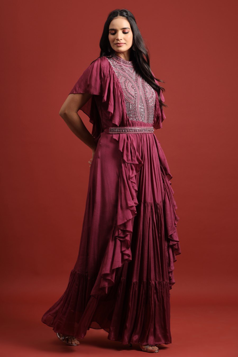 Mulberry Pink Heavy Embellished Layered Gown