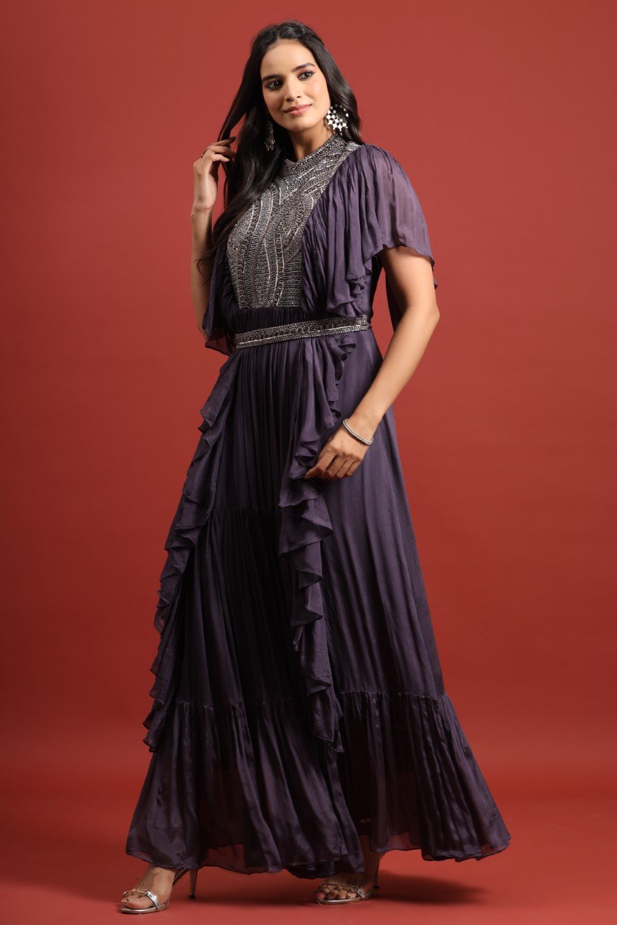 Deep Purple Heavy Embellished Layered Gown