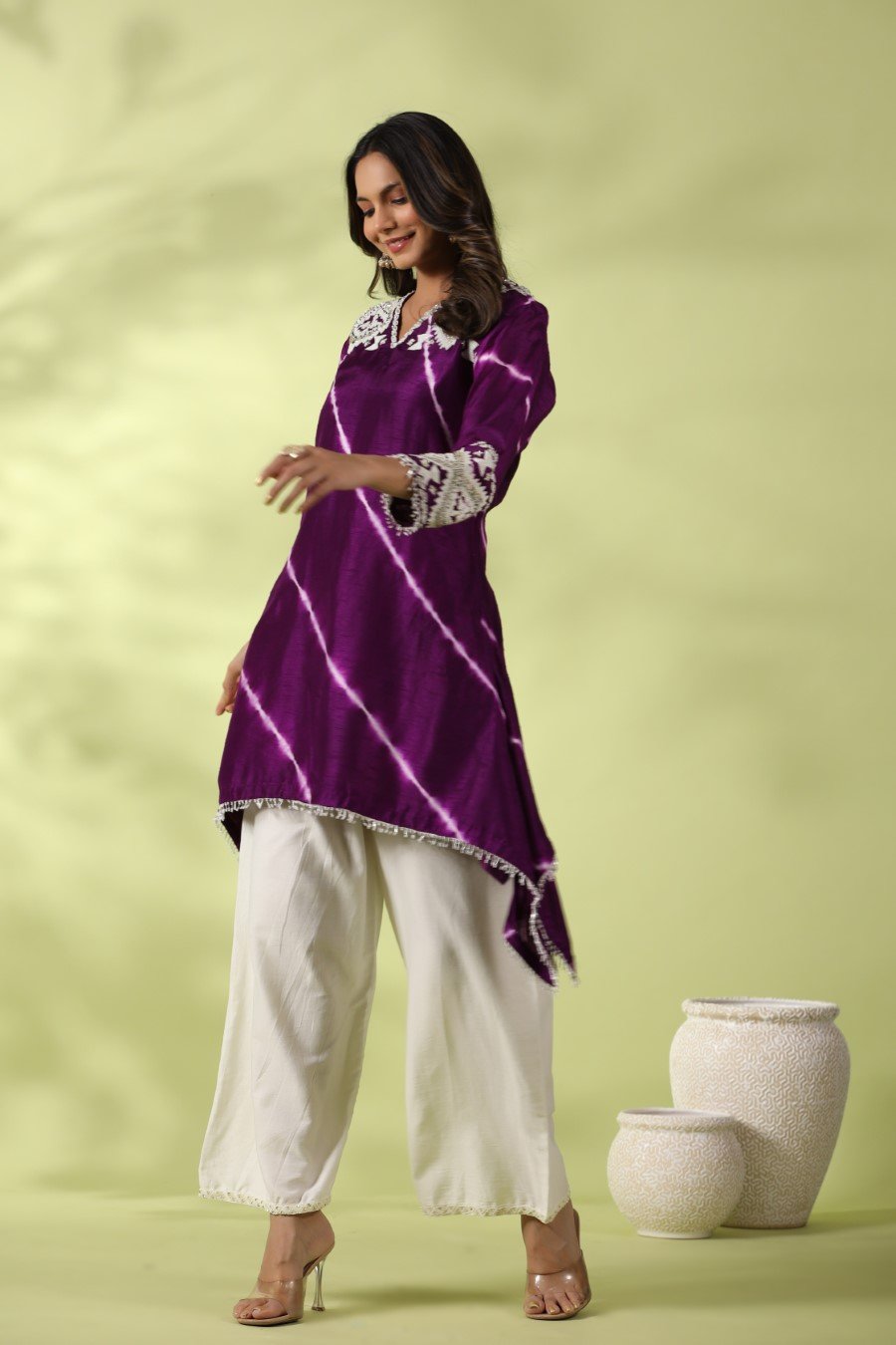 Purple Tie-dyed &amp; Embroidered Asymmetrical Kurta with Palazzo