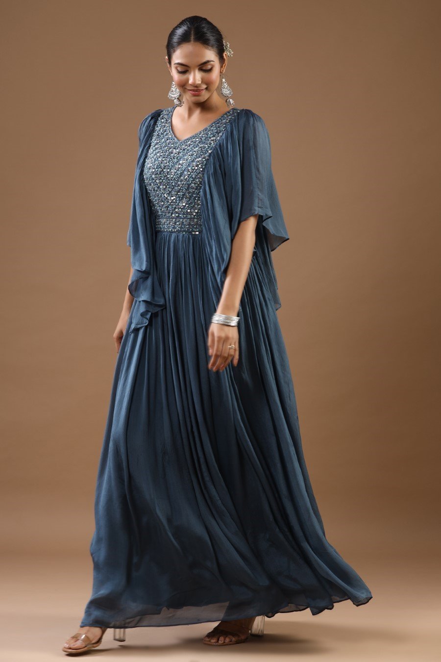 Steel Blue Chinon Silk Embellished Gown