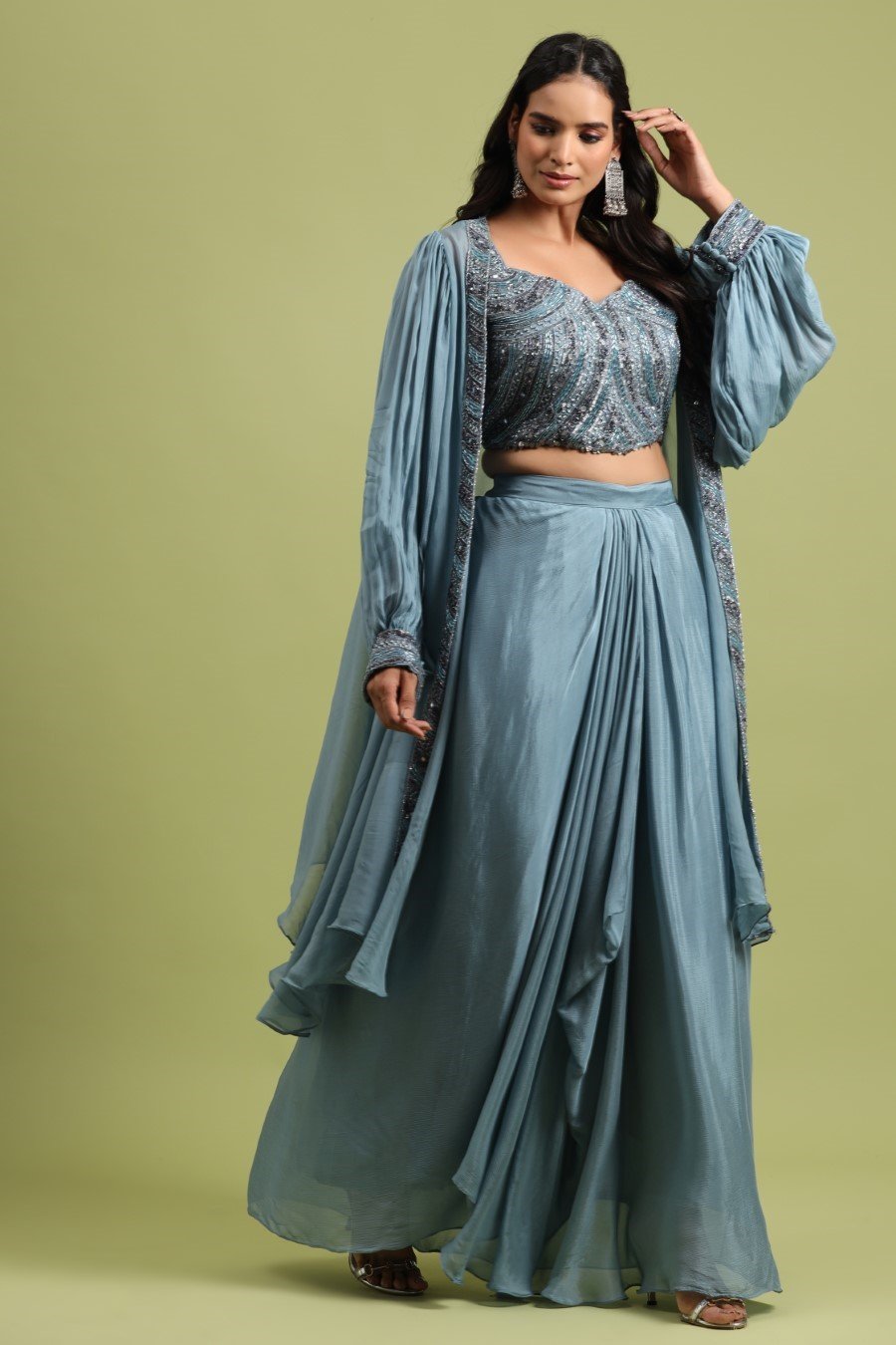 Frilled Cape With Heavy Embroidered Crop Top And Lehenga - Babeehive