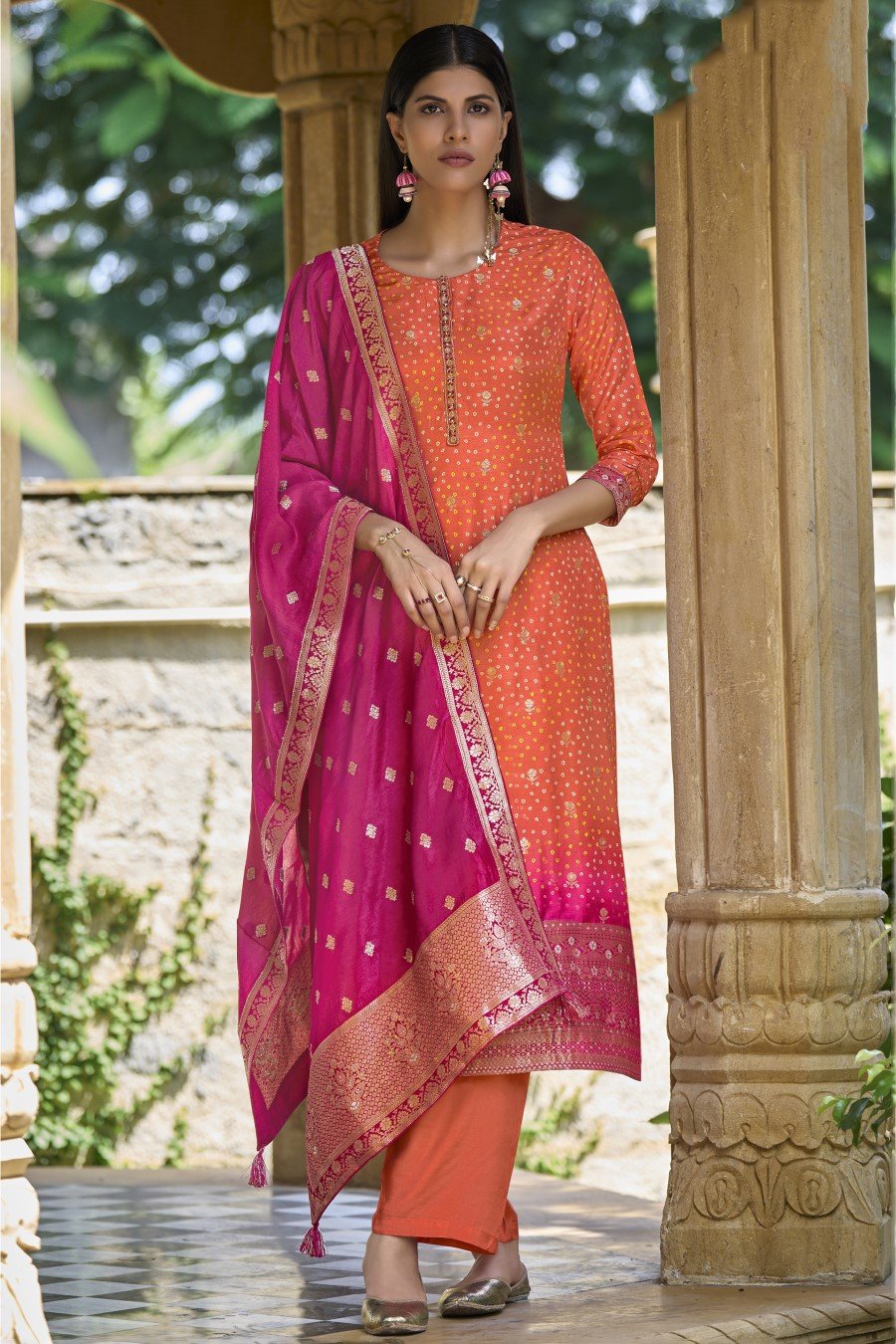 Orange Bandhani Brocade Silk Kurta Set