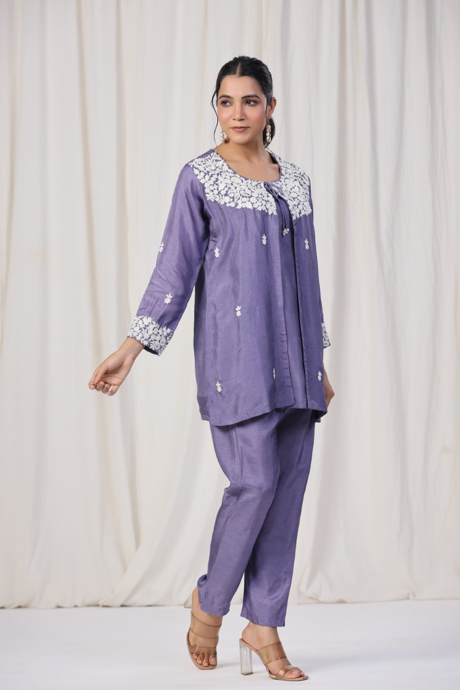 Purple Floral Embroidered Cape Tunic with Cape