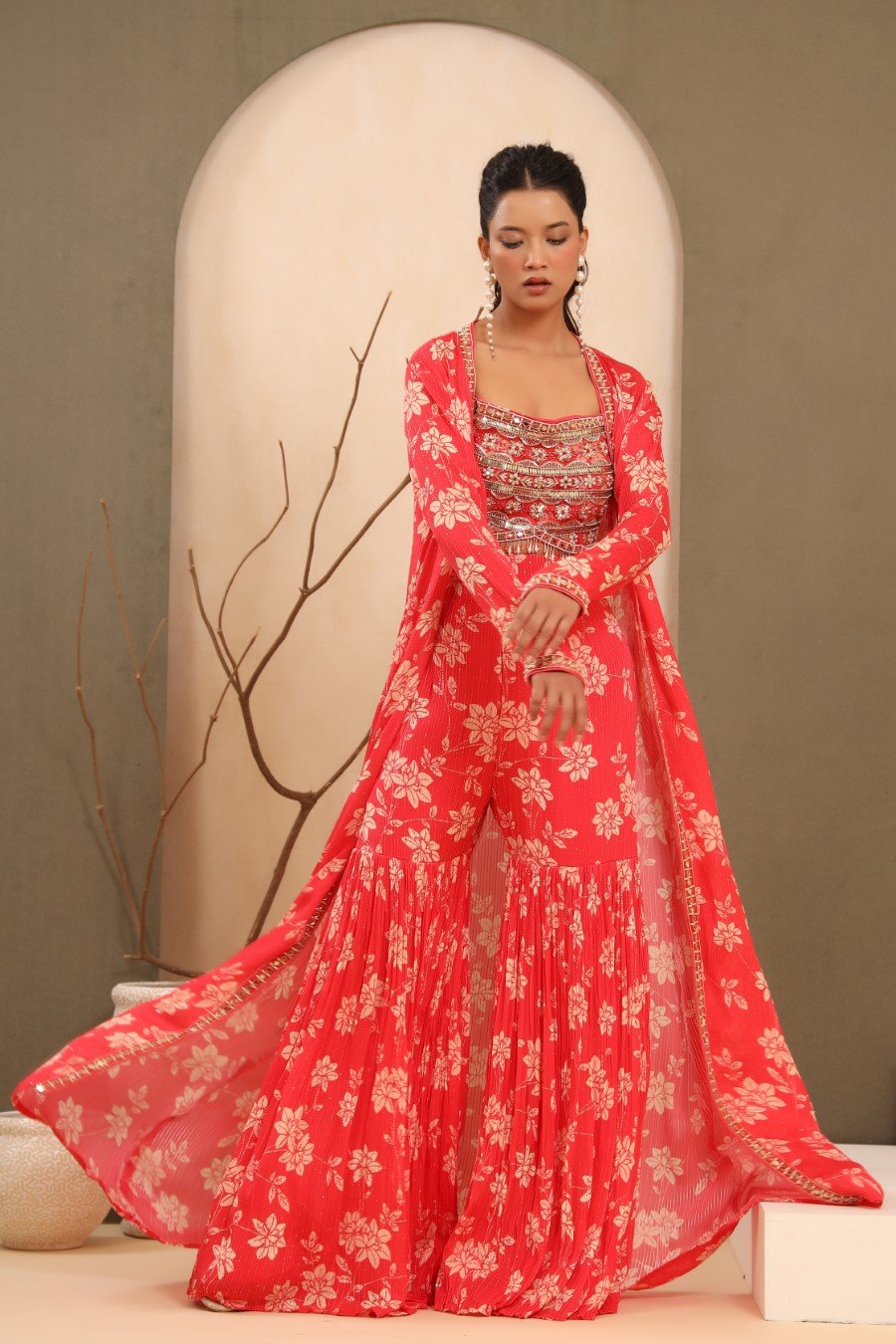 Bright Pink Embellished &amp; Printed Sharara with Cape