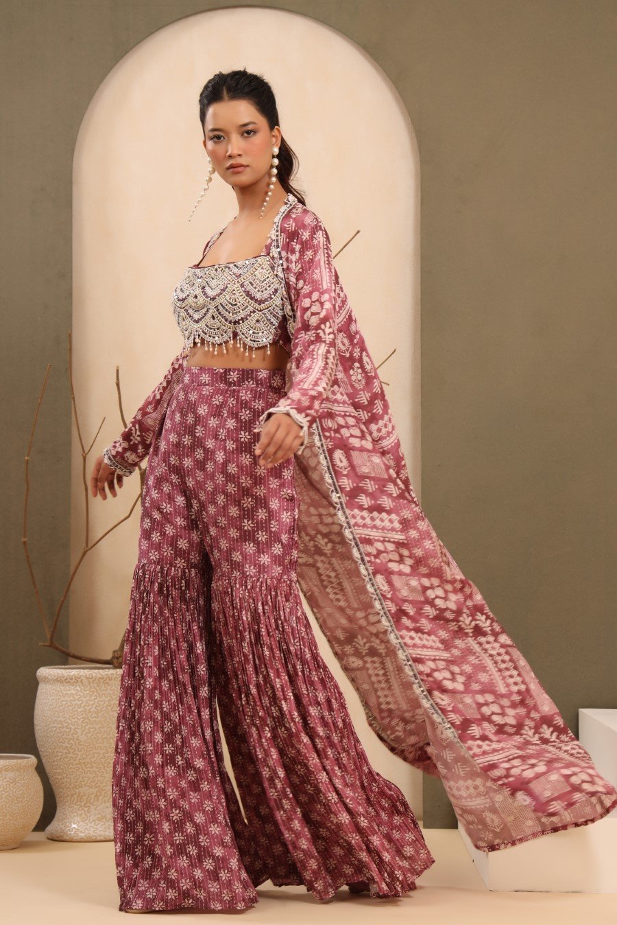 Mulberry Pink Embellished Sharara with Cape