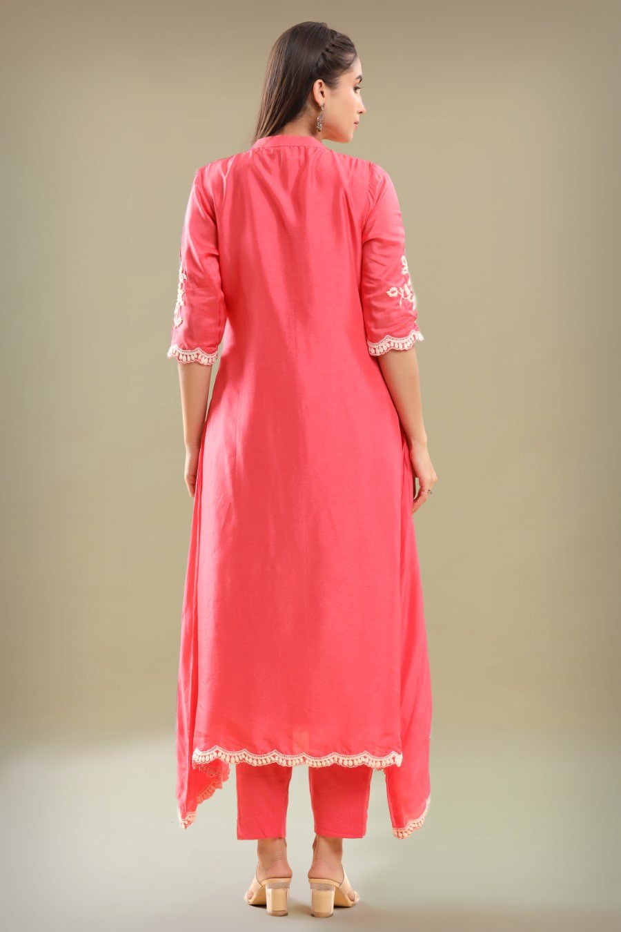 Bright Pink Embroidered A-line Kurta With Pant