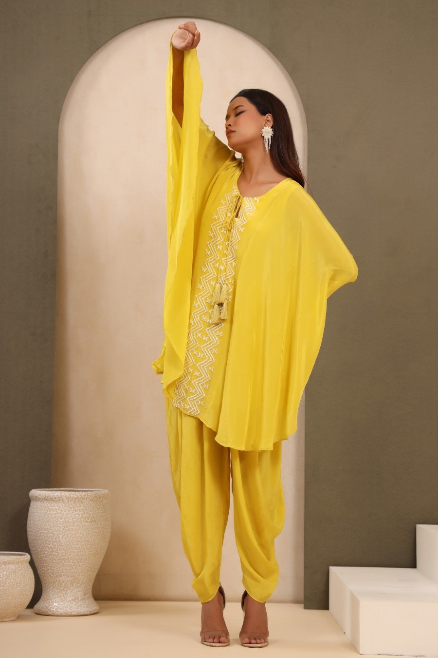 Bright Yellow Habutai Silk Embellished Tunic &amp; Dhoti