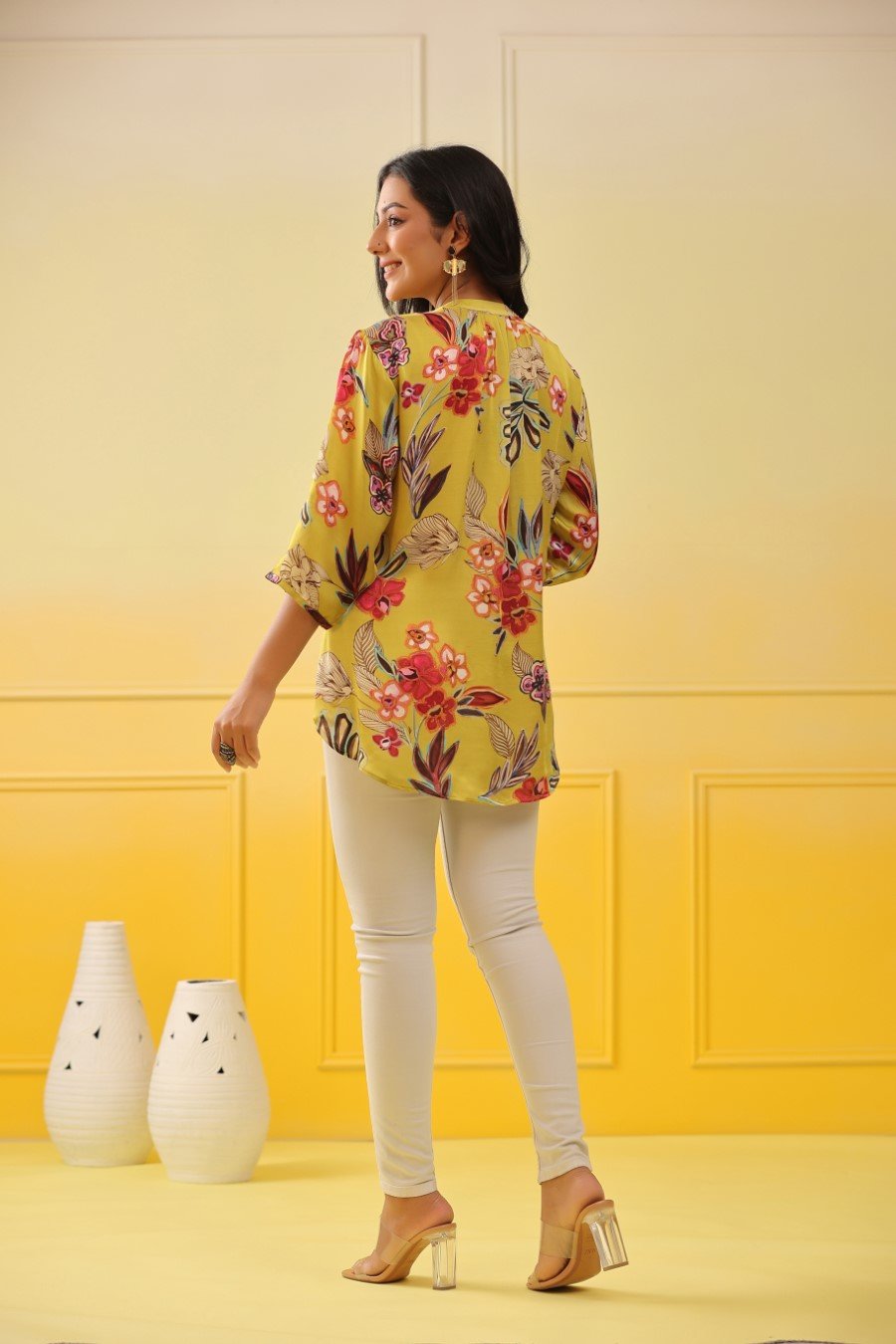 Bright Yellow Floral Crepe Silk Top
