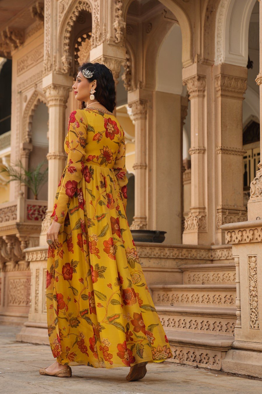 Mustard Floral Angrakha Georgette Silk Gown