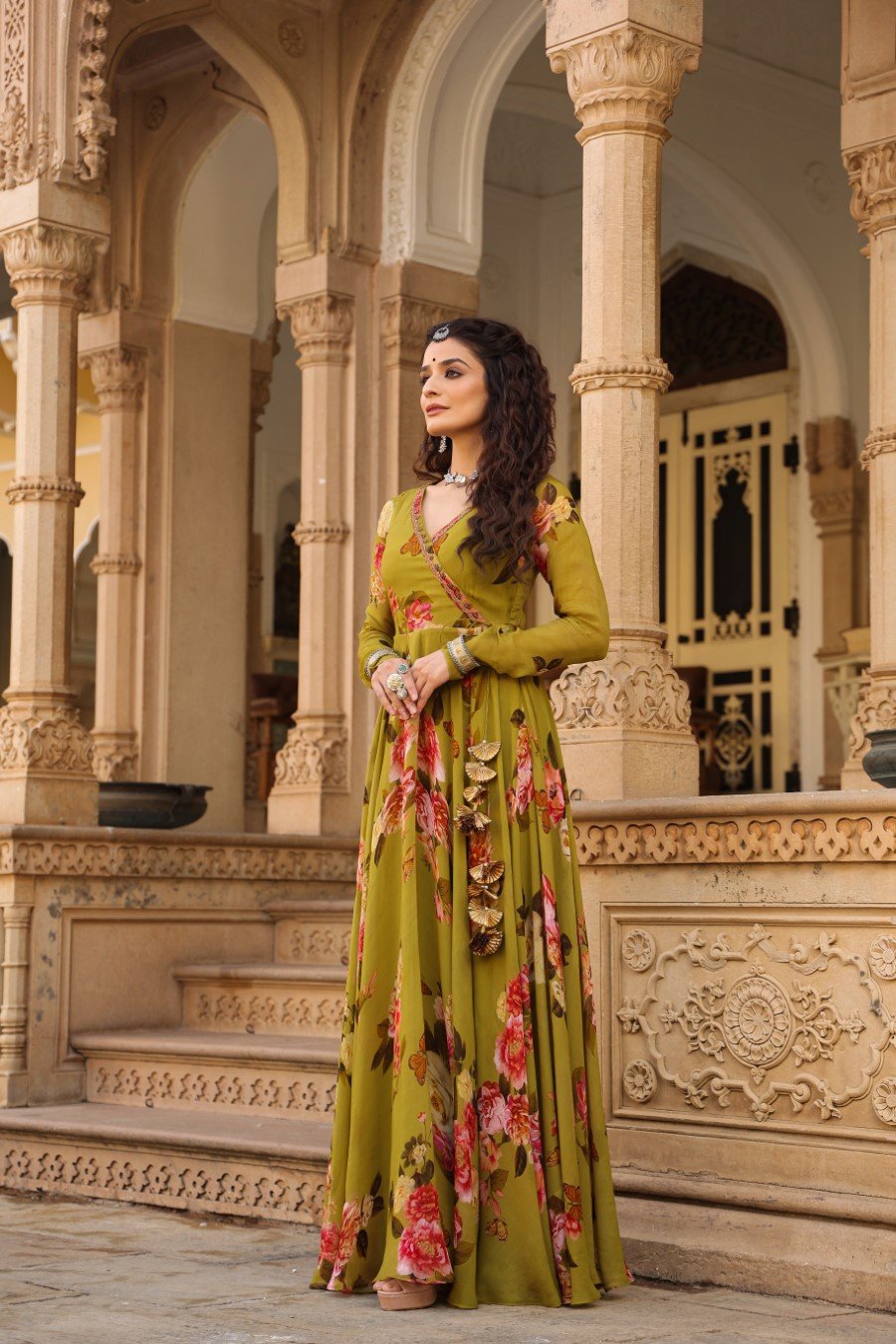 Spring Green Floral Printed Angrakha Gown