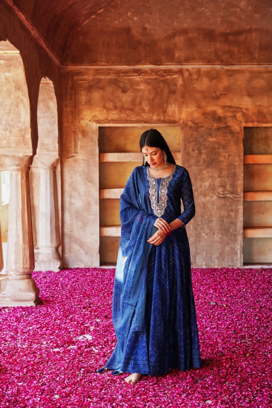 Royal Blue Bandhani Embellished Anarkali Set with Dupatta
