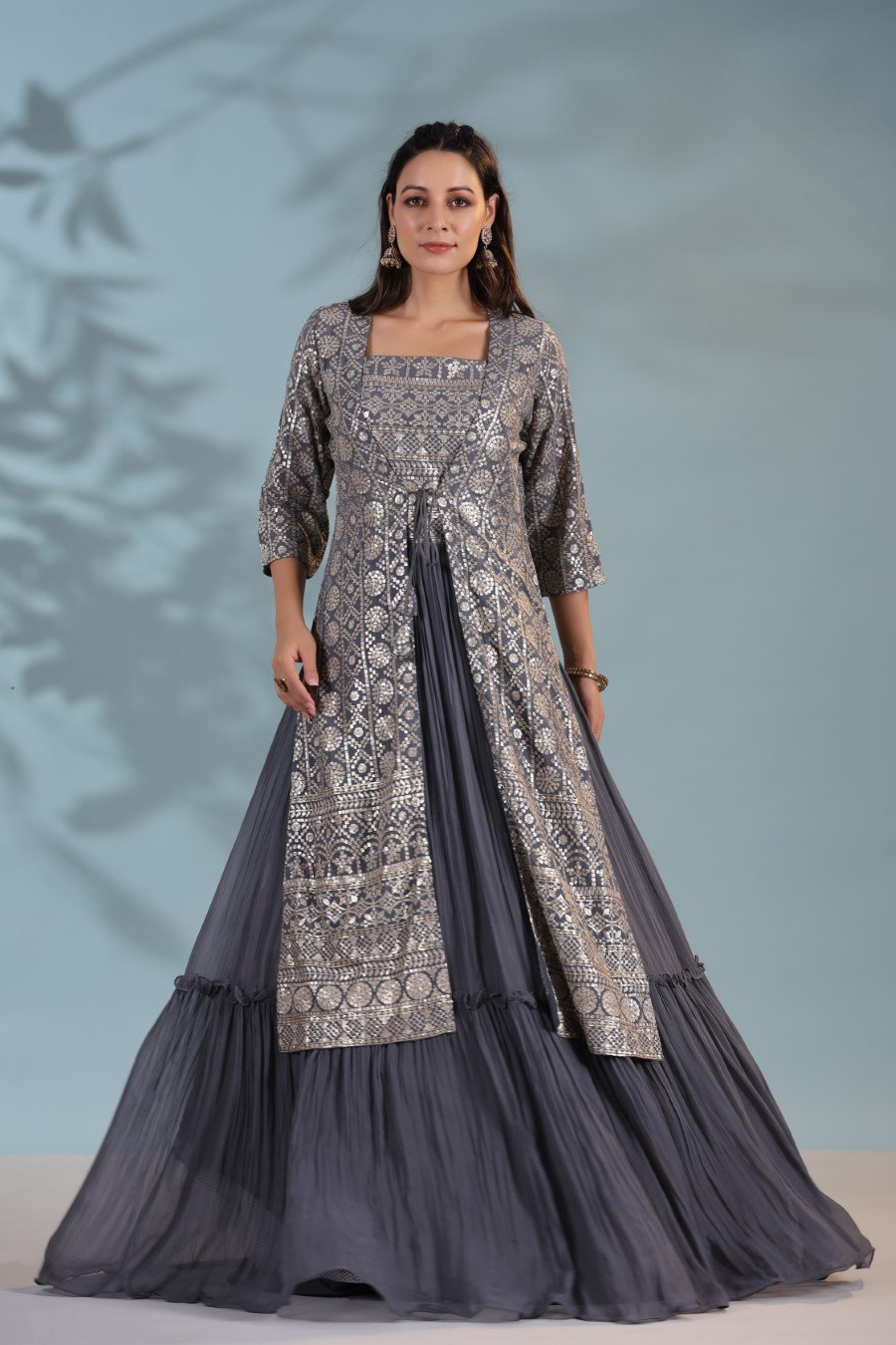 Dark Grey Sequin Embellished Gown with Cape