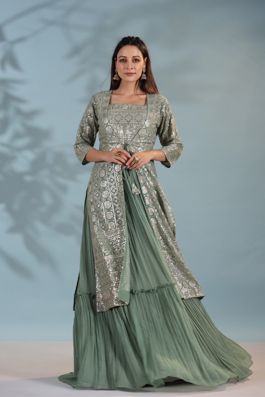 Dusky Green Sequin Embellished Gown with Cape