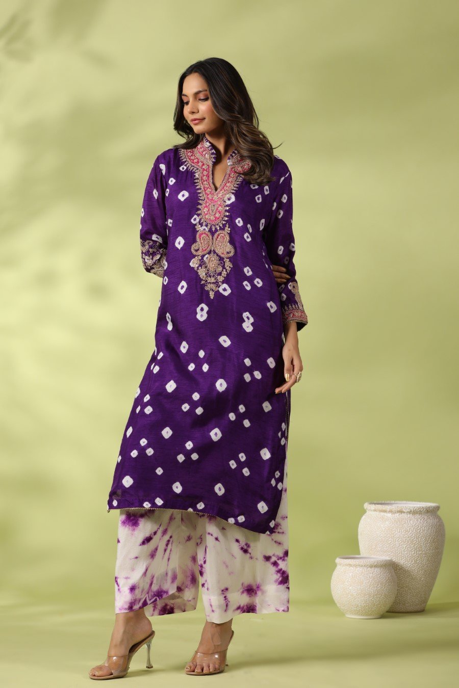 Purple Bandhej &amp; Zari Embroidered Kurta with Palazzo