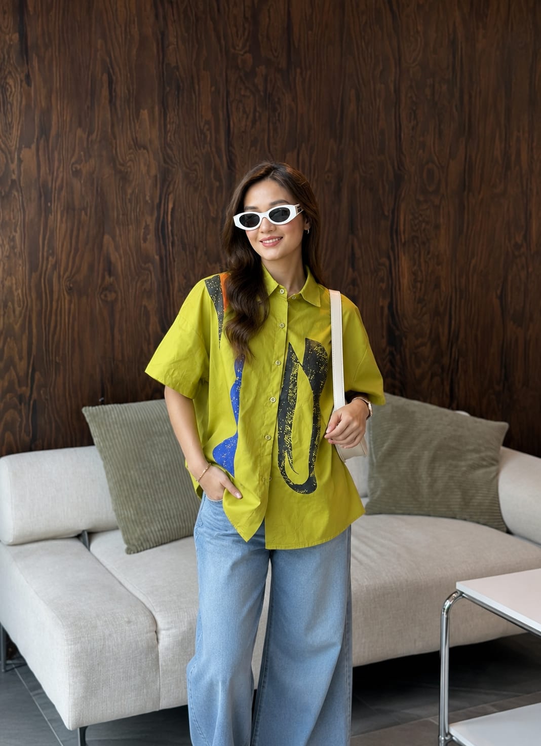 Chartreuse Green Abstract Graphic Cotton Shirt