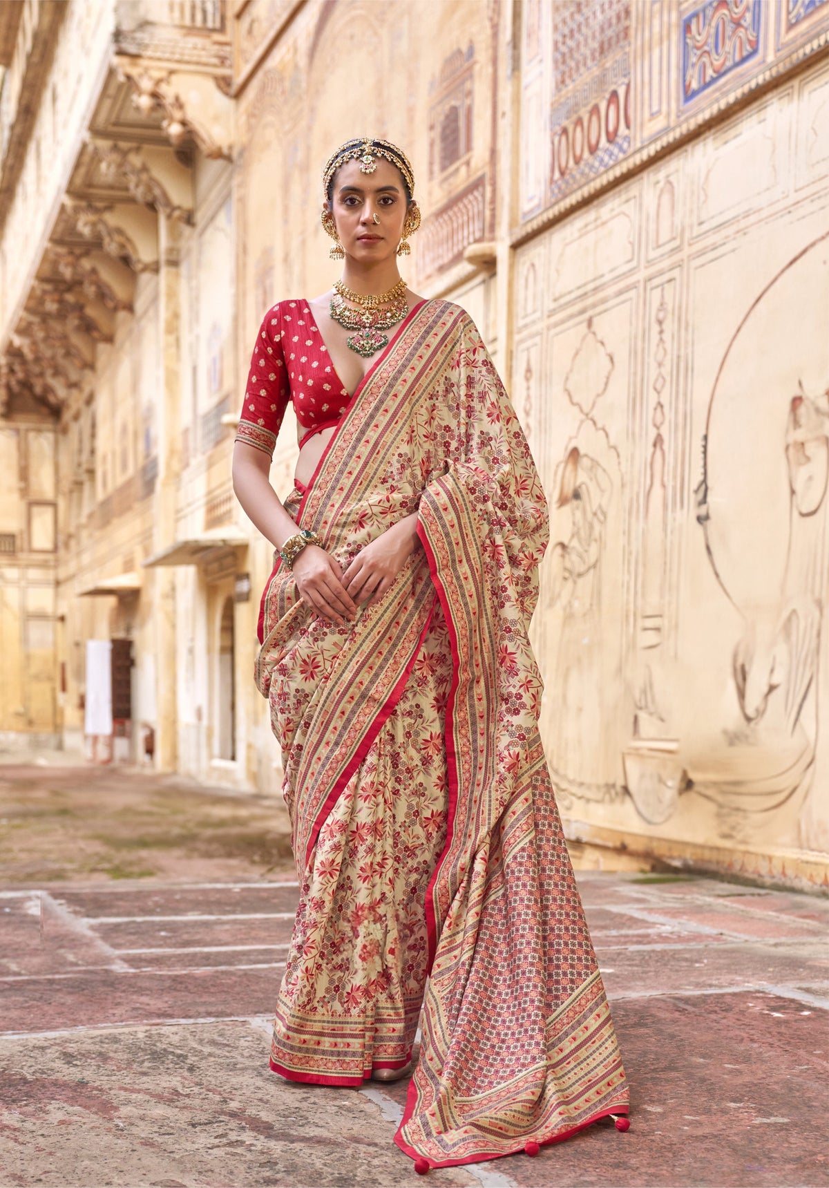 Ivory Cream Printed Premium Silk Saree