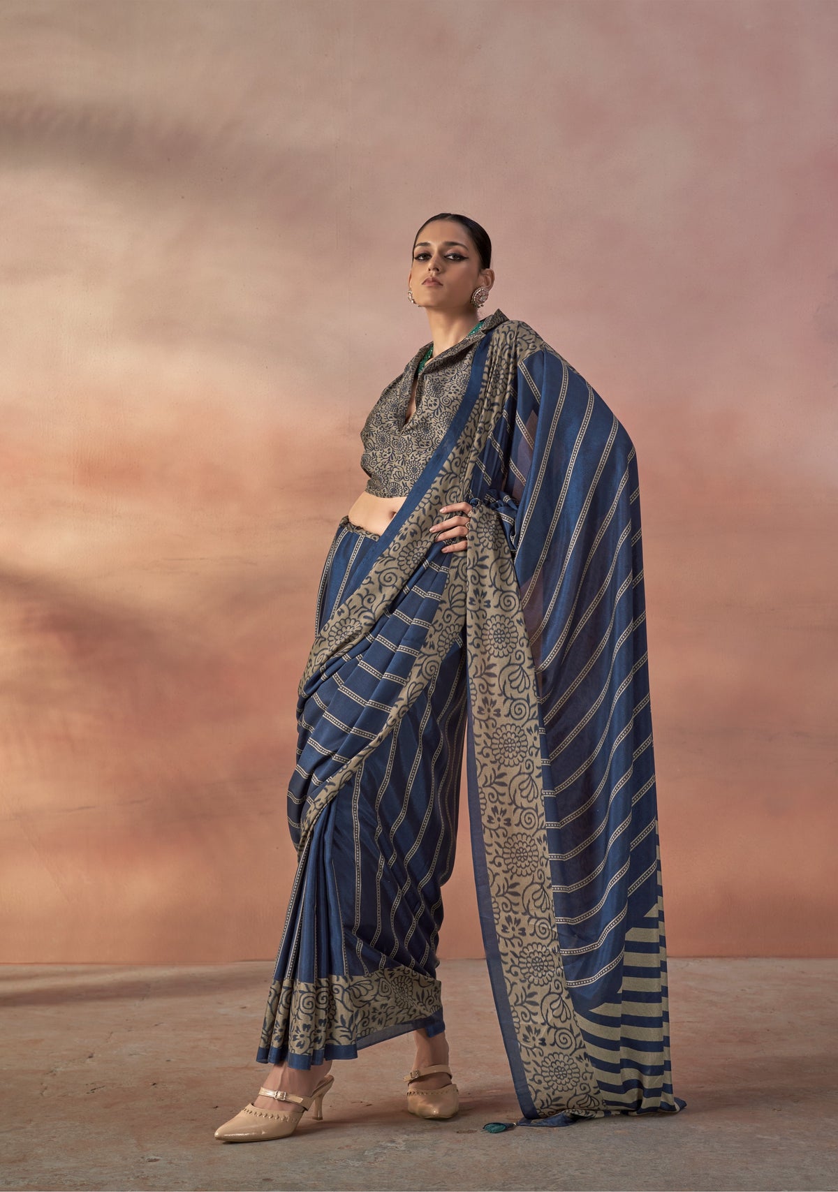 Peacock Blue Printed Crepe Silk Saree