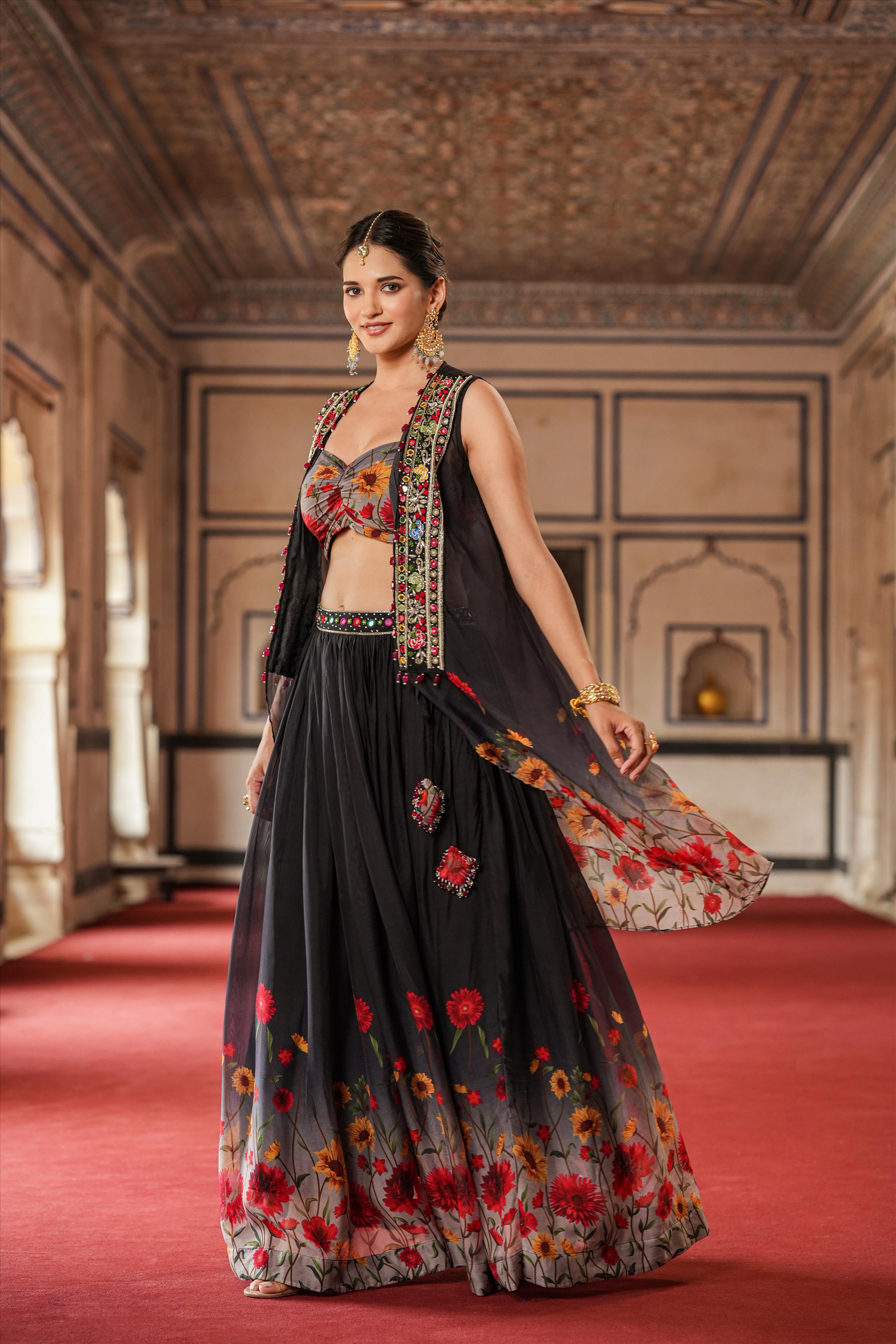 Black & Red Printed Ready to Wear Lehenga and Blouse With Dupatta - Etsy