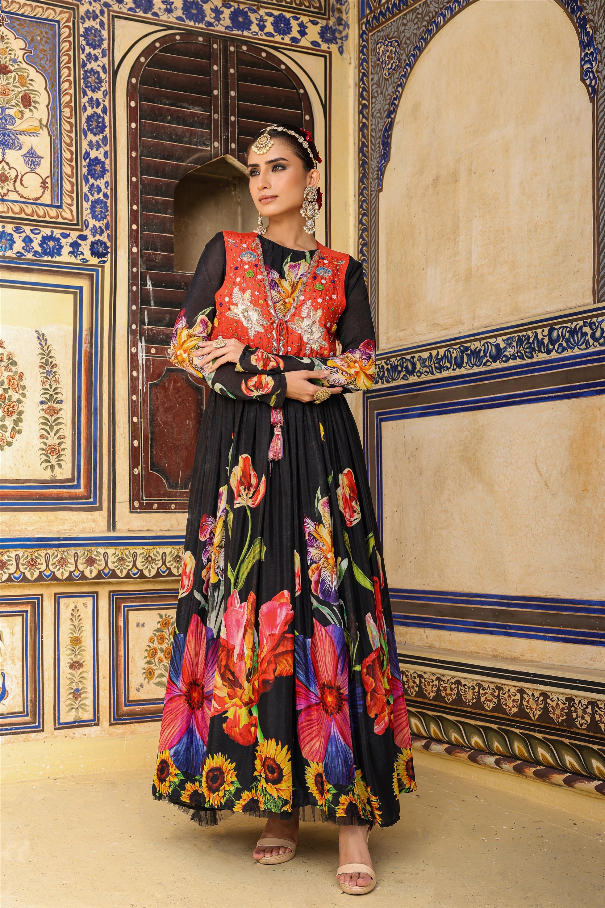 Black Floral Printed Premium Chinon Silk Gathered Gown