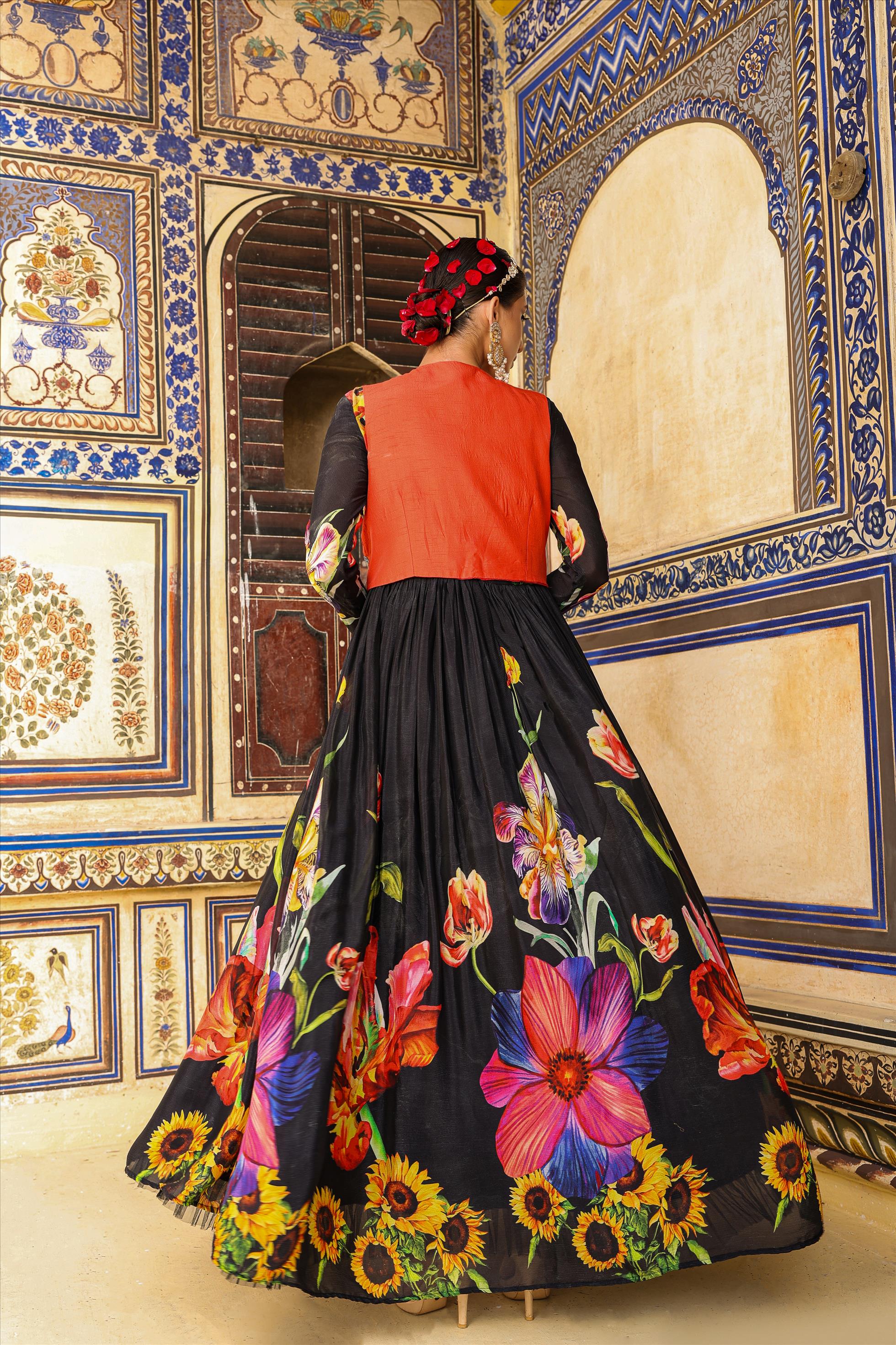 Black Floral Printed Premium Chinon Silk Gathered Gown