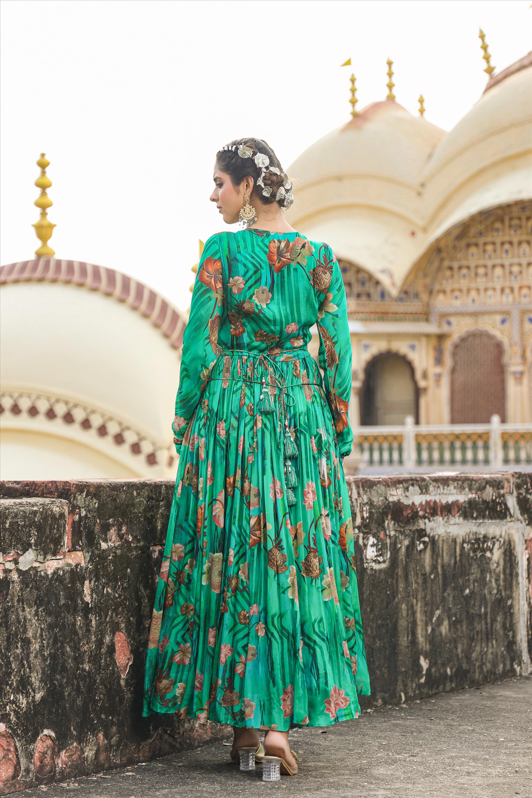 Green Floral Printed Chinon Silk Gathered Gown