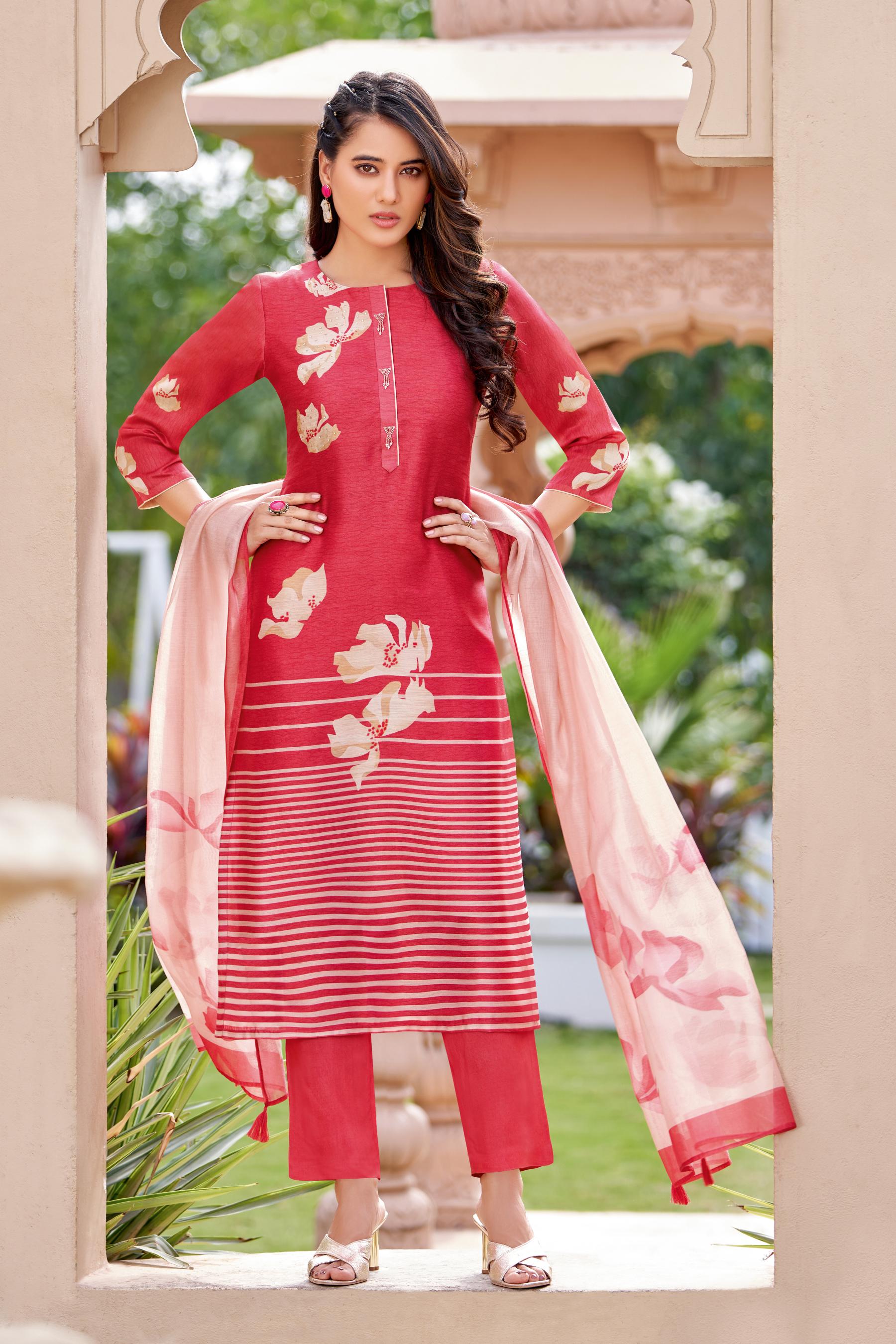 Red Floral Printed Tussar Silk Pants Set