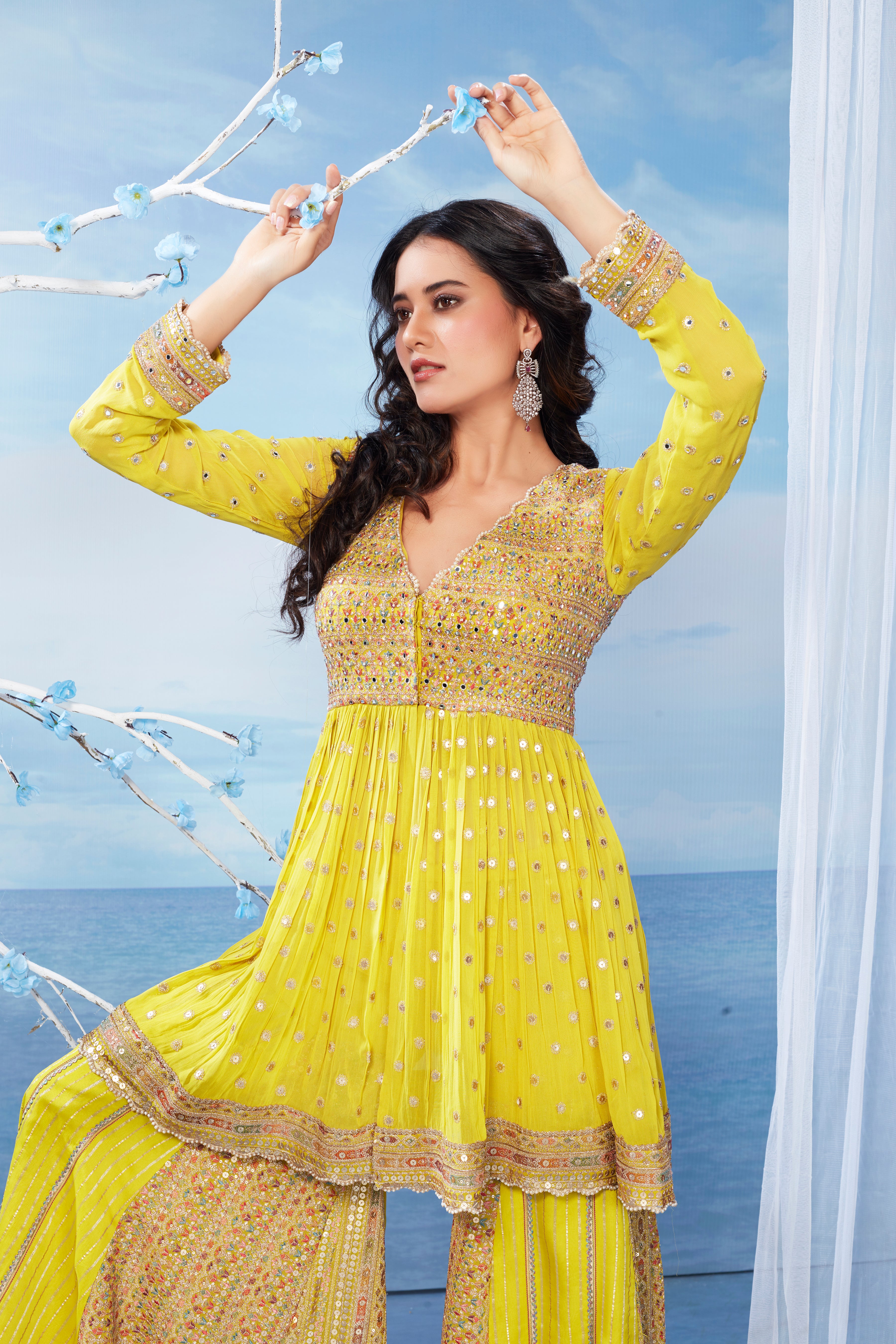 Golden Yellow Embellished  Premium Silk Sharara Set