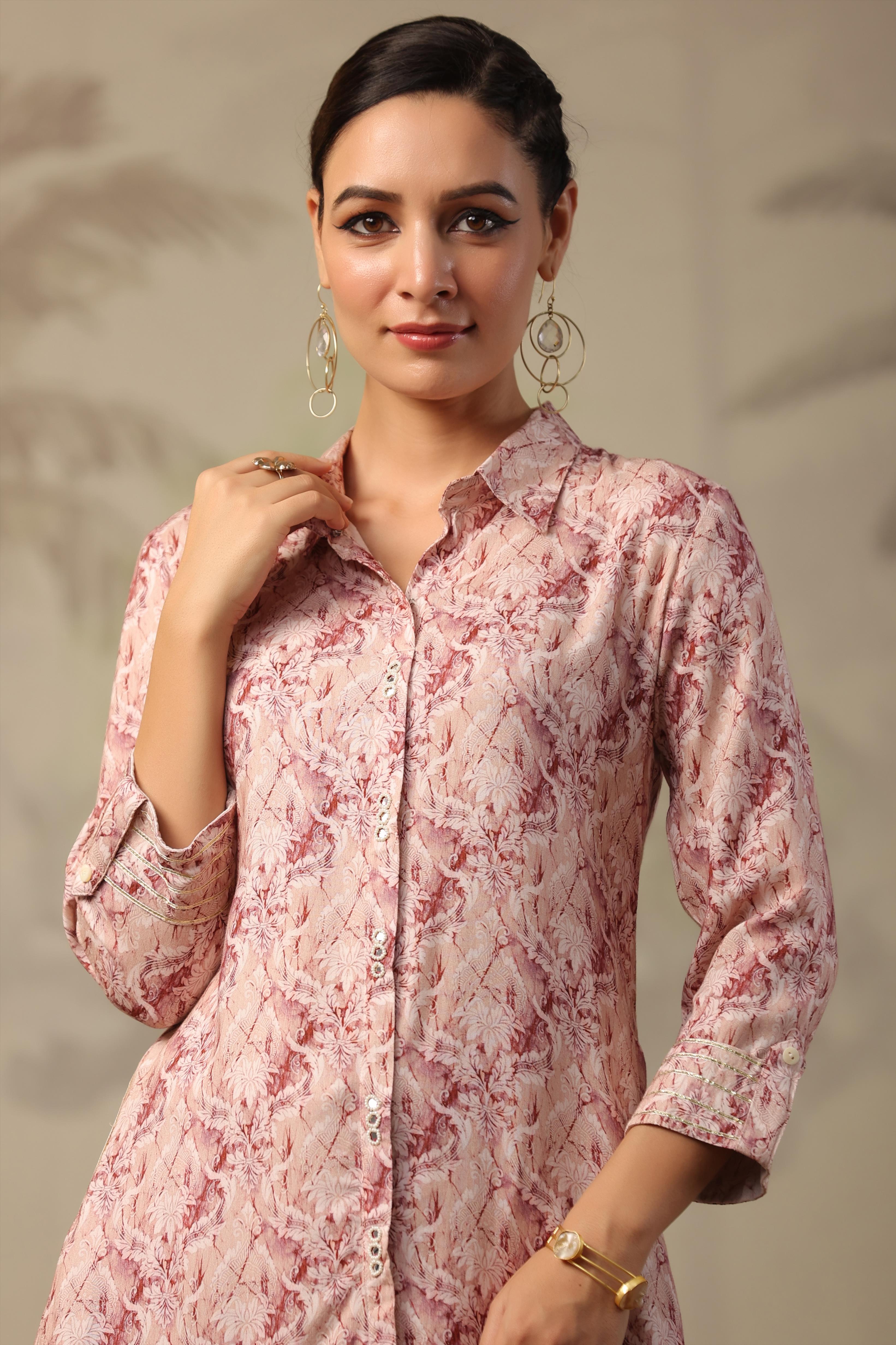 Mauve Pink Digital Printed Spanish Silk Pathani Suit Set